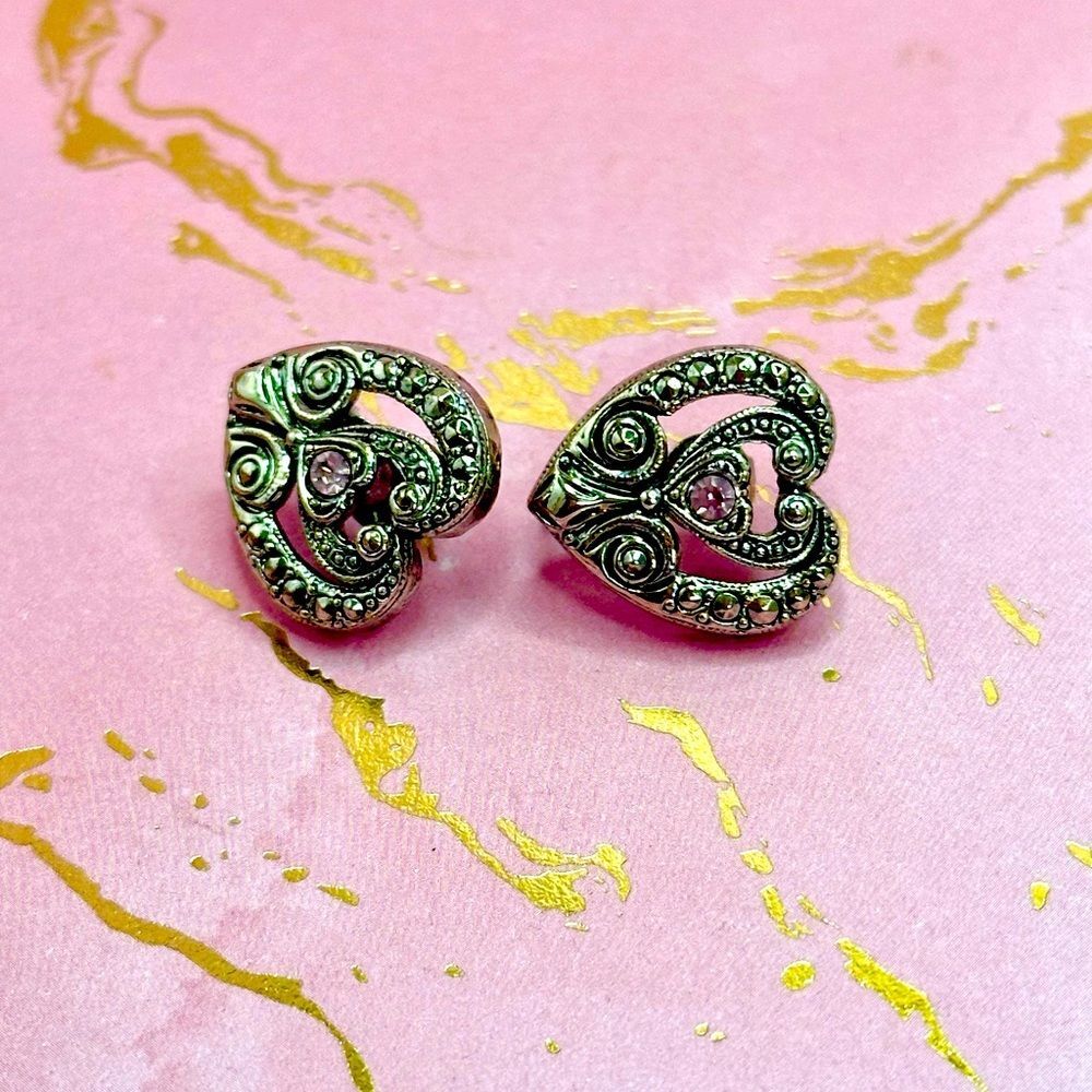 Avon Women's Vintage Silver Heart Faux Purple Stone Clip on Earrings
